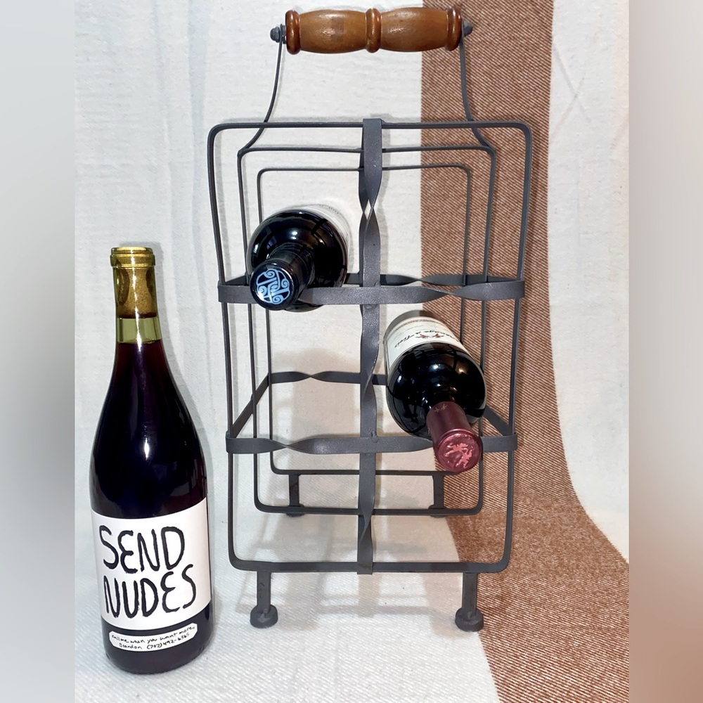 Industrial Style Metal Wine Rack with Wooden Handle